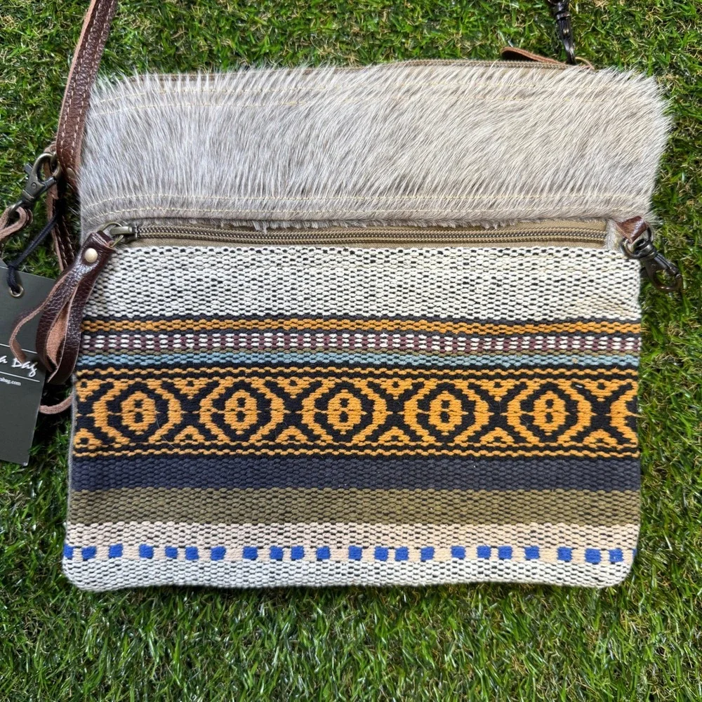 Myra Bag Hair-On-Hide Woven Canvas Crossbody Bag Small Boho Southwestern New